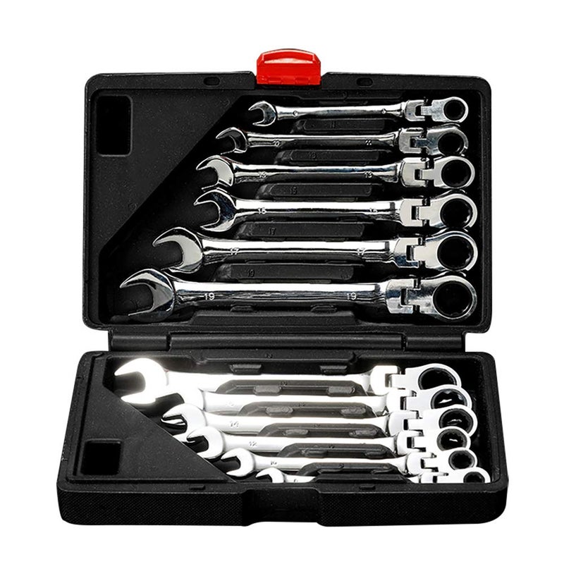 FLZOSPER 12pc. Tightspot Flex-Head Ratcheting Wrench Setï¼Œ8-19mm Metric CR-V Quick Access Spanner with Portable Toolbox (12PC. Flex Head Wrench) - Image 1